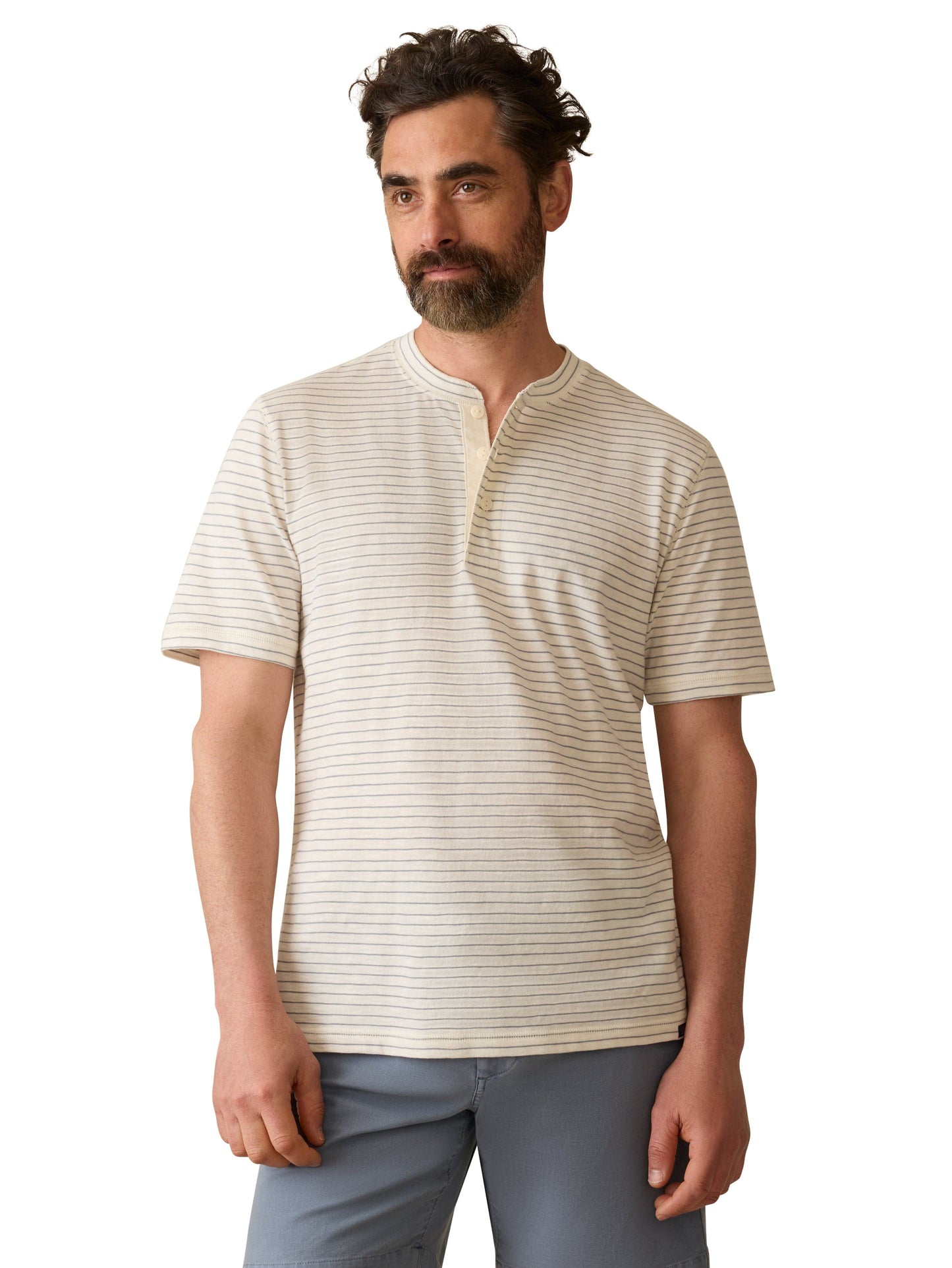 Faherty T-Shirts Short-Sleeve Sunwashed Henley - Cream Flint Stripe