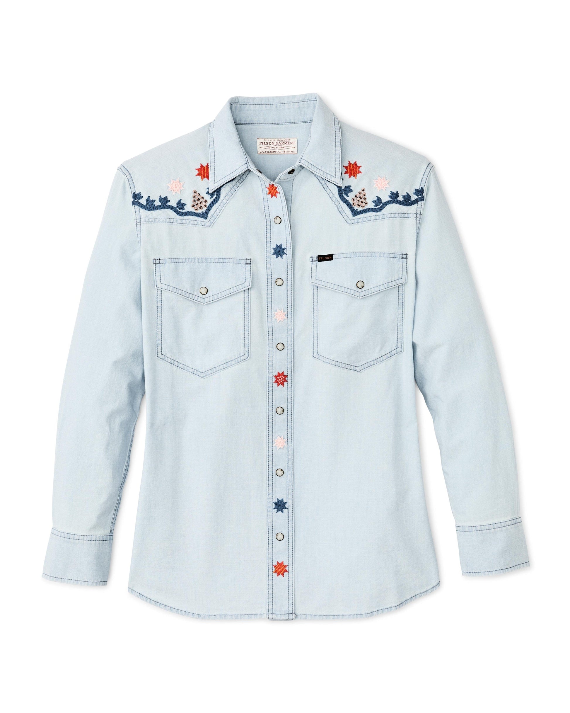 Filson Sport Shirts Women's Embroidered Western Shirt- Light Indigo Chambray / Stars