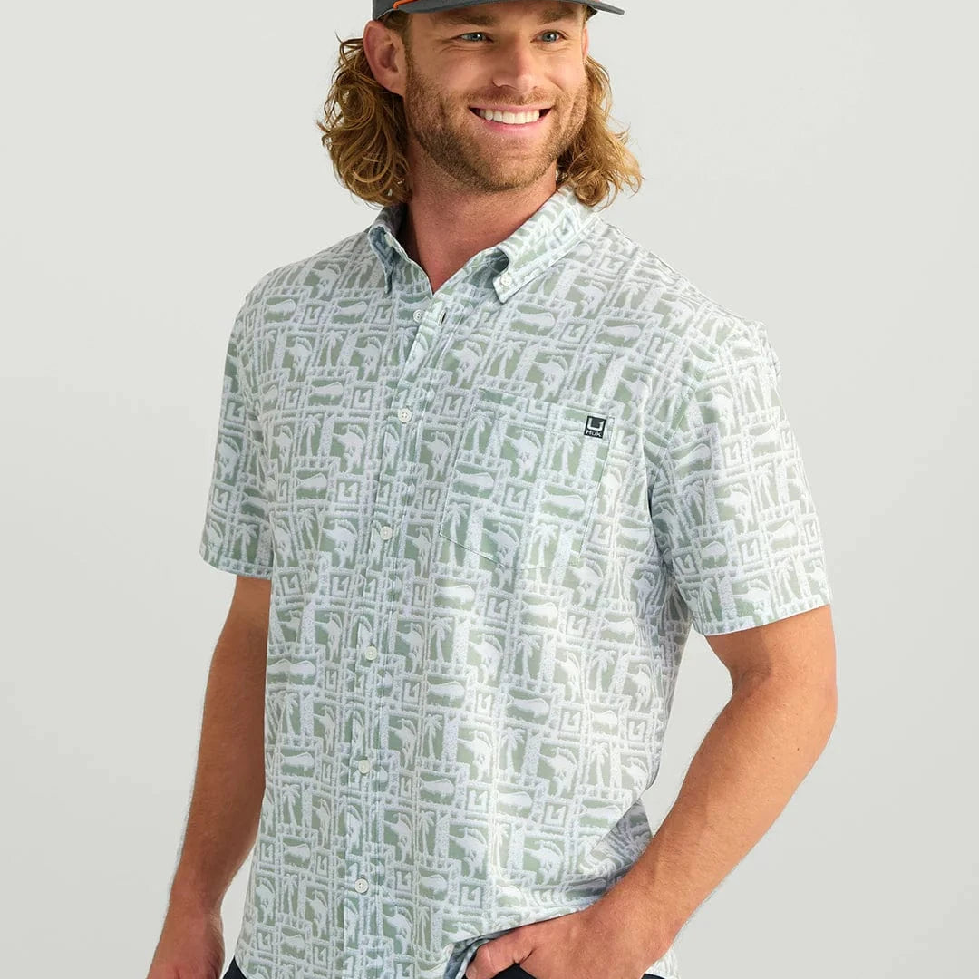 Huk Sport Shirts Kona Button-Down - Fog Green Fish Dot