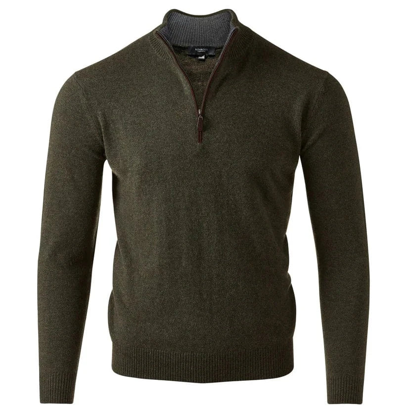 Kinross Cashmere Sweaters OLIVE / M Suede Trim Qzip