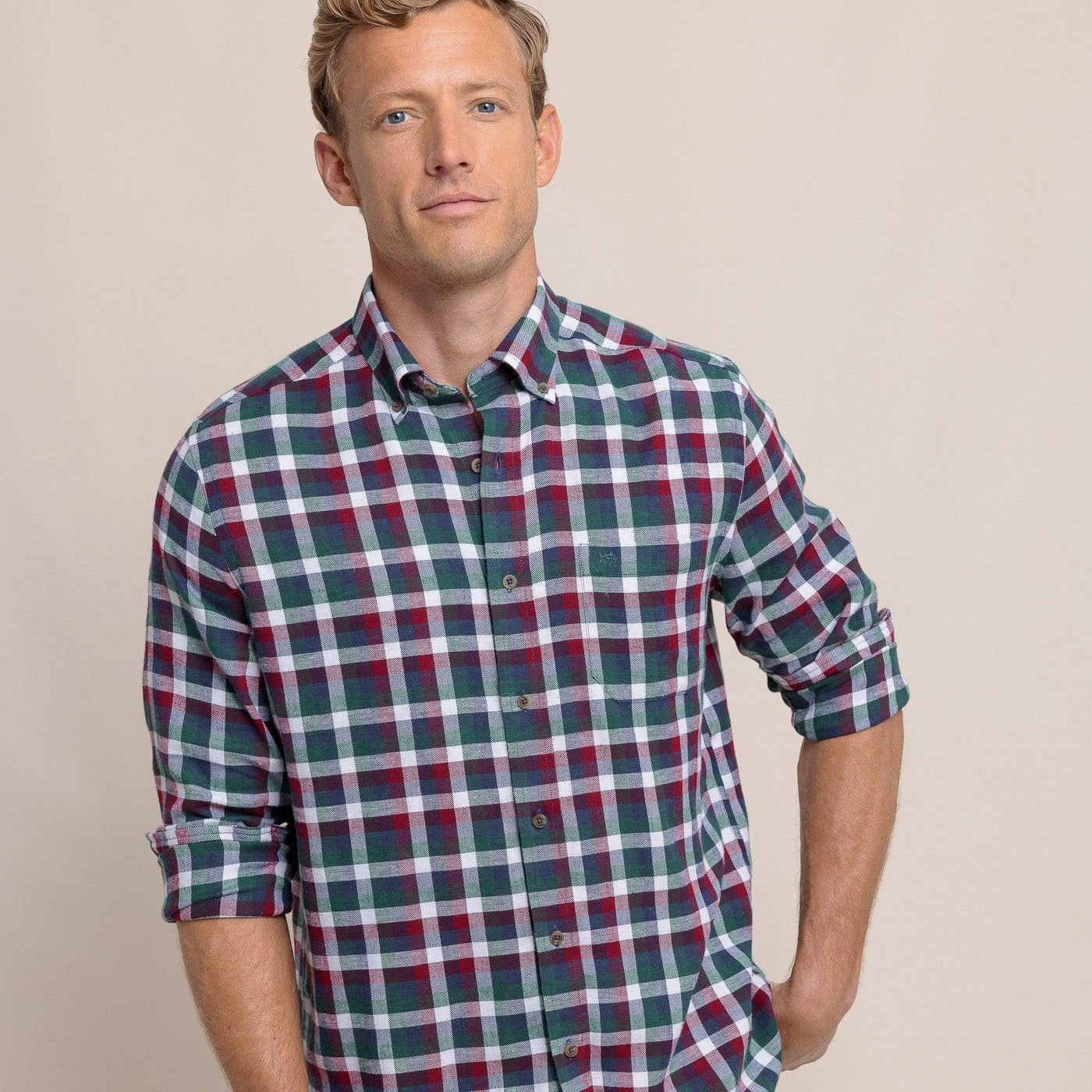Southern Tide Sport Shirts Cobblestone Plaid Beach Flannel Sport Shirt- Muscadine