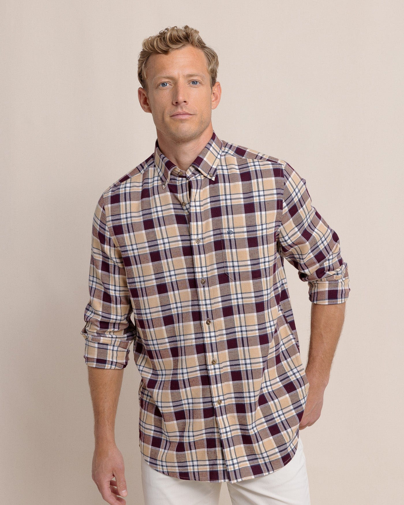 Southern Tide Sport Shirts Sweetgrass Plaid Beach Flannel Long Sleeve Sport Shirt- Merlot