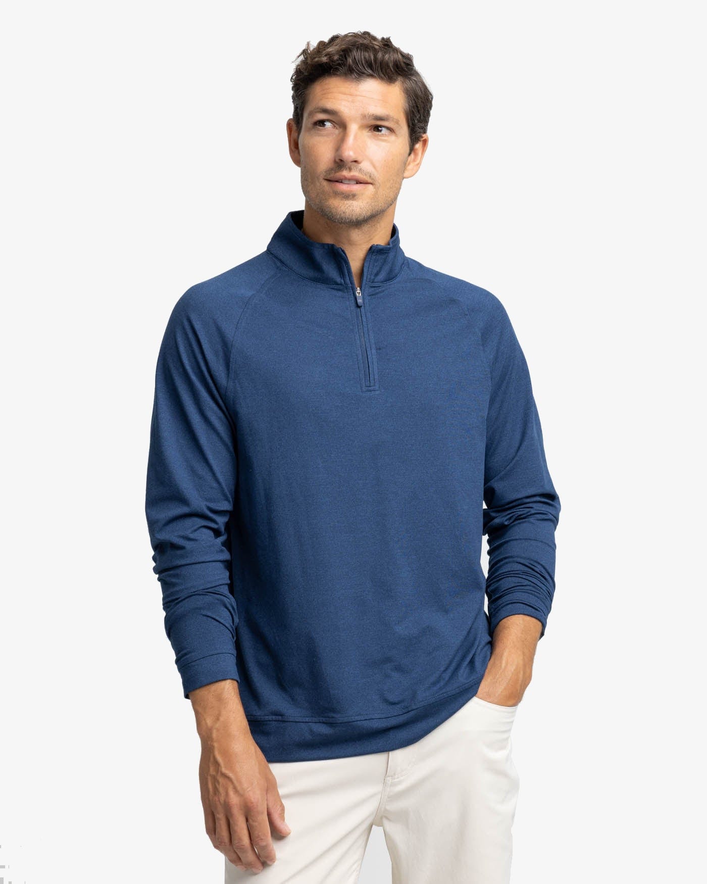 Southern Tide Sweaters Cruiser Heather Quarter Zip Pullover- Dress Blue