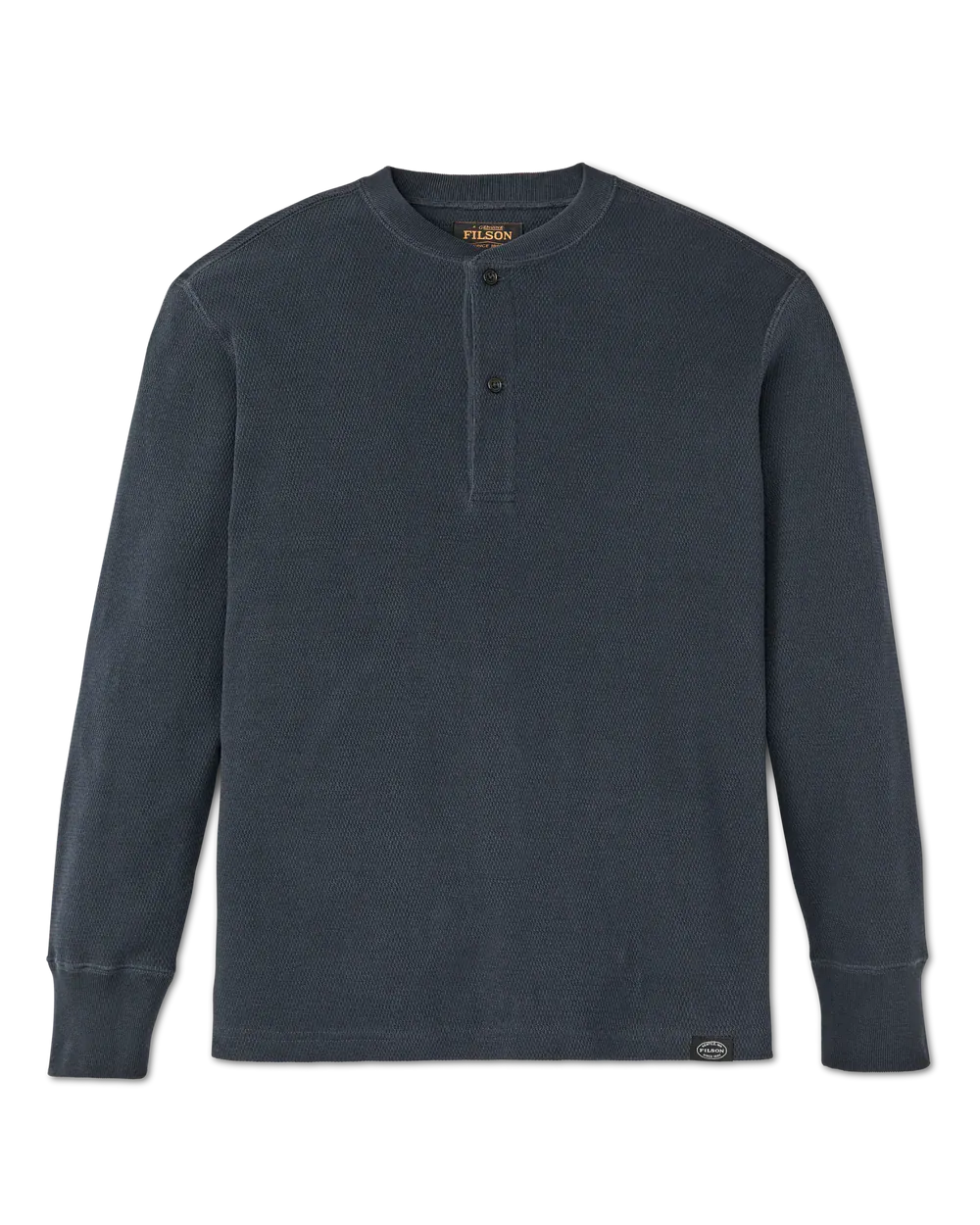 A dark slate blue long-sleeve henley shirt by Flannel, featuring a three-button placket and ribbed cuffs, displayed flat against a white background.