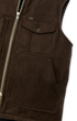 Close-up of a dark brown wool vest with a front zipper, a buttoned flap pocket, and a large front patch pocket on a white background.