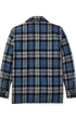 A long-sleeve plaid flannel shirt shown from the back, featuring a pattern of blue, black, and gray stripes.