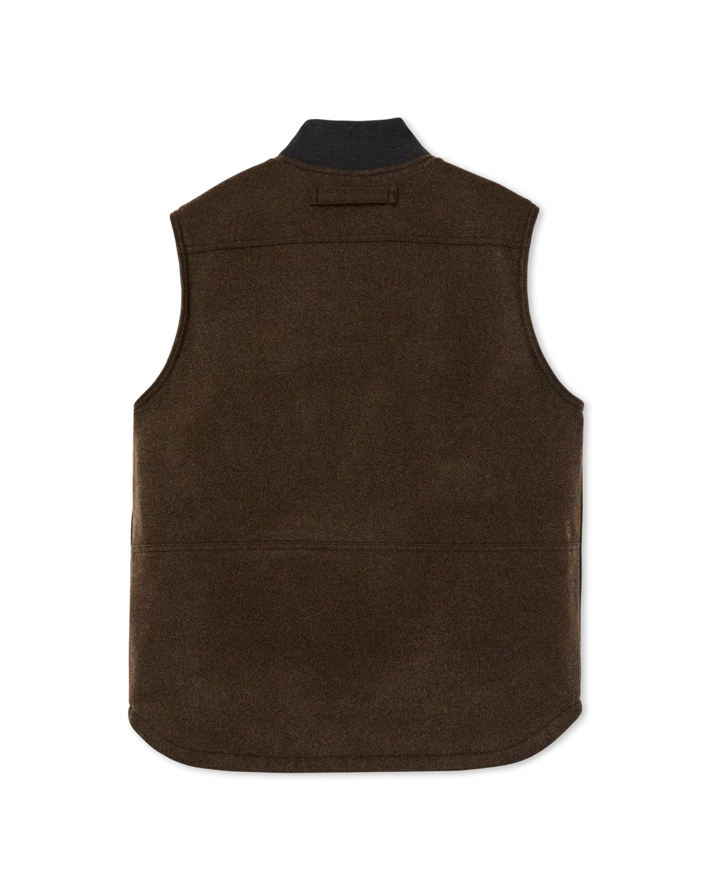 A dark brown suede vest shown from the back, featuring a high collar with a contrasting dark navy inner lining and a small stitched tab at the back of the neck, set against a plain white background.