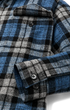 Close-up of a blue, black, and gray plaid flannel shirt with a buttoned chest pocket and folded cuff showing dark buttons.