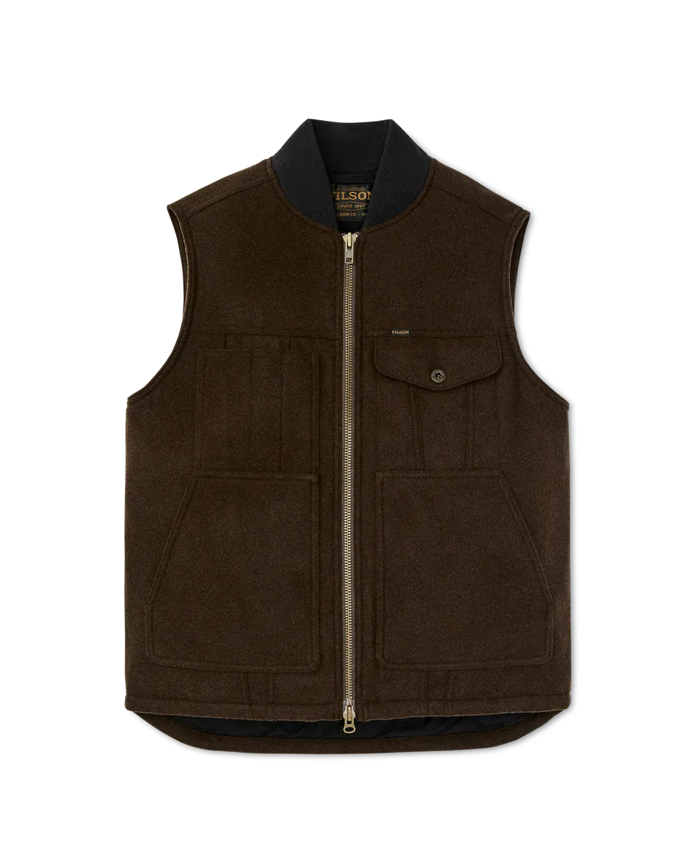 A dark brown fleece vest with a black ribbed collar, a central gold-tone zipper, and a chest pocket, shown flat on a white background.