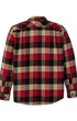 A long-sleeve plaid flannel shirt shown from the back, featuring a classic checkered pattern in red, beige, black, and brown on a white background.