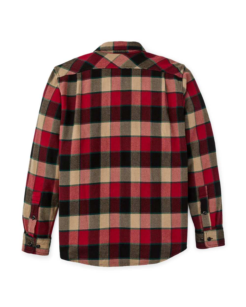 A long-sleeve plaid flannel shirt shown from the back, featuring a classic checkered pattern in red, beige, black, and brown on a white background.