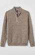 A taupe brown half-zip knit sweater with a ribbed mock neck collar, cuffs, and hem, displayed on a light gray background.