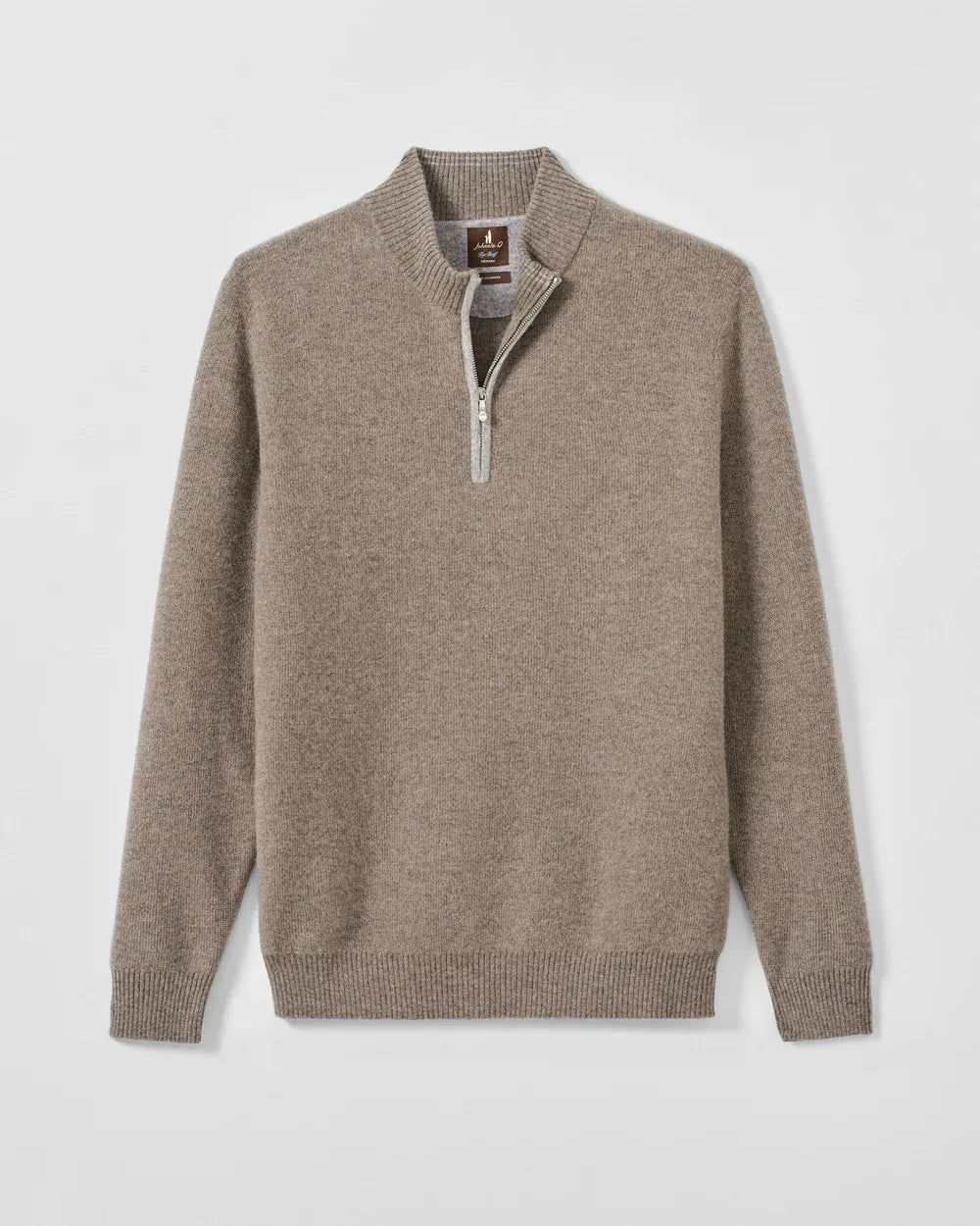 A taupe brown half-zip knit sweater with a ribbed mock neck collar, cuffs, and hem, displayed on a light gray background.