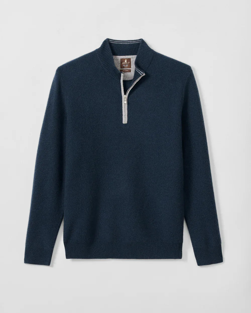 A dark navy blue knit quarter-zip sweater with a light gray zipper and a striped collar, shown flat against a light gray background.