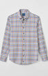 A long-sleeve button-up shirt with a multicolor plaid pattern on a white base, featuring blue, orange, and purple lines. The shirt is displayed flat against a light gray background.