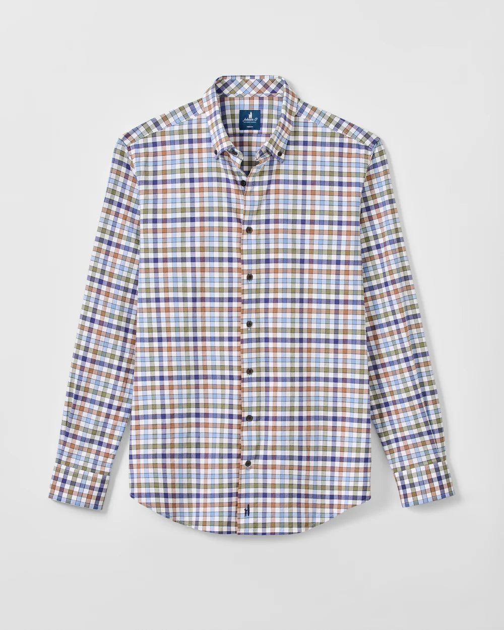 A long-sleeve button-up shirt with a multicolor plaid pattern on a white base, featuring blue, orange, and purple lines. The shirt is displayed flat against a light gray background.