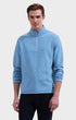 A man wearing a light blue heathered quarter-zip pullover sweater and dark trousers, standing against a plain light gray studio background.