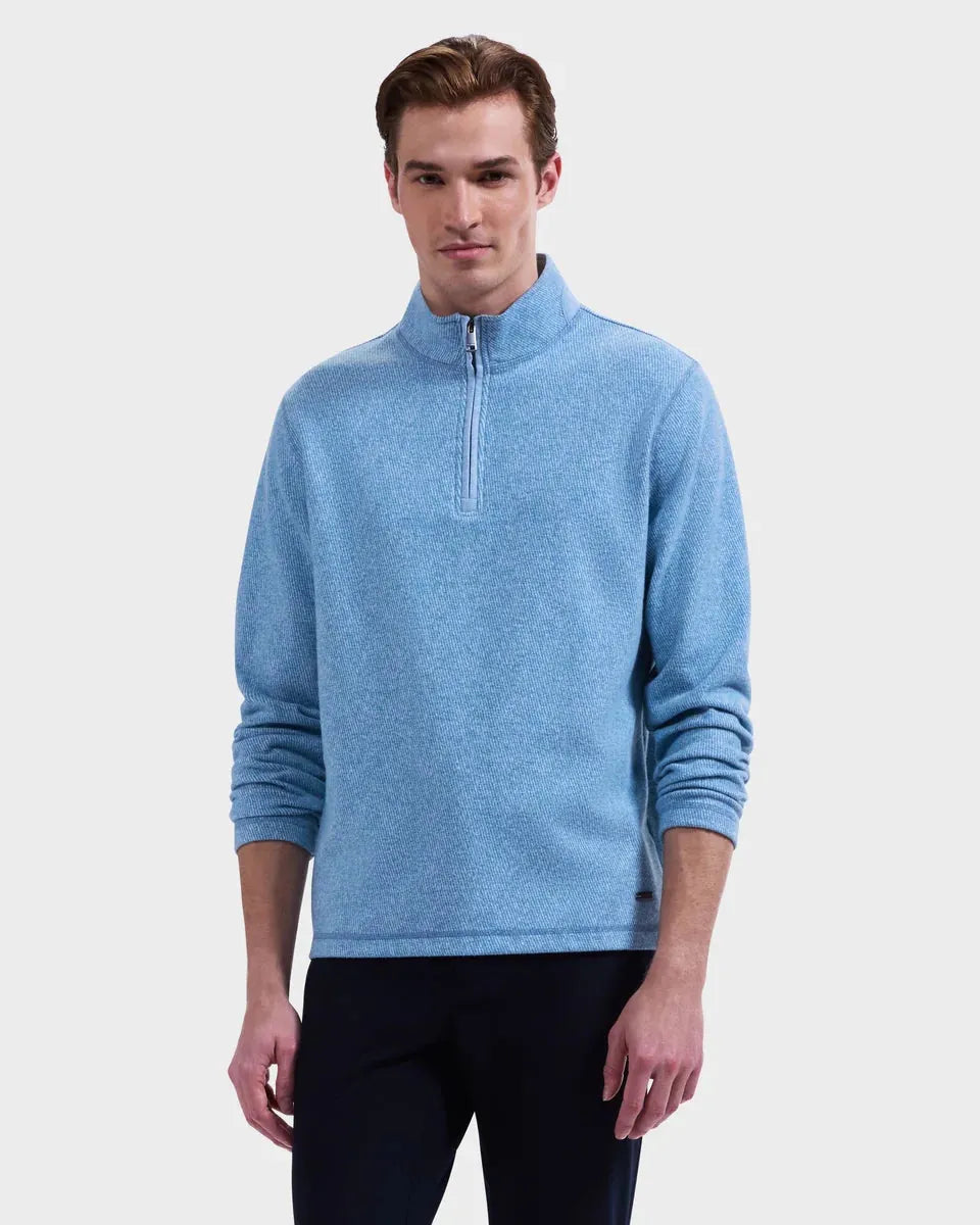 A man wearing a light blue heathered quarter-zip pullover sweater and dark trousers, standing against a plain light gray studio background.