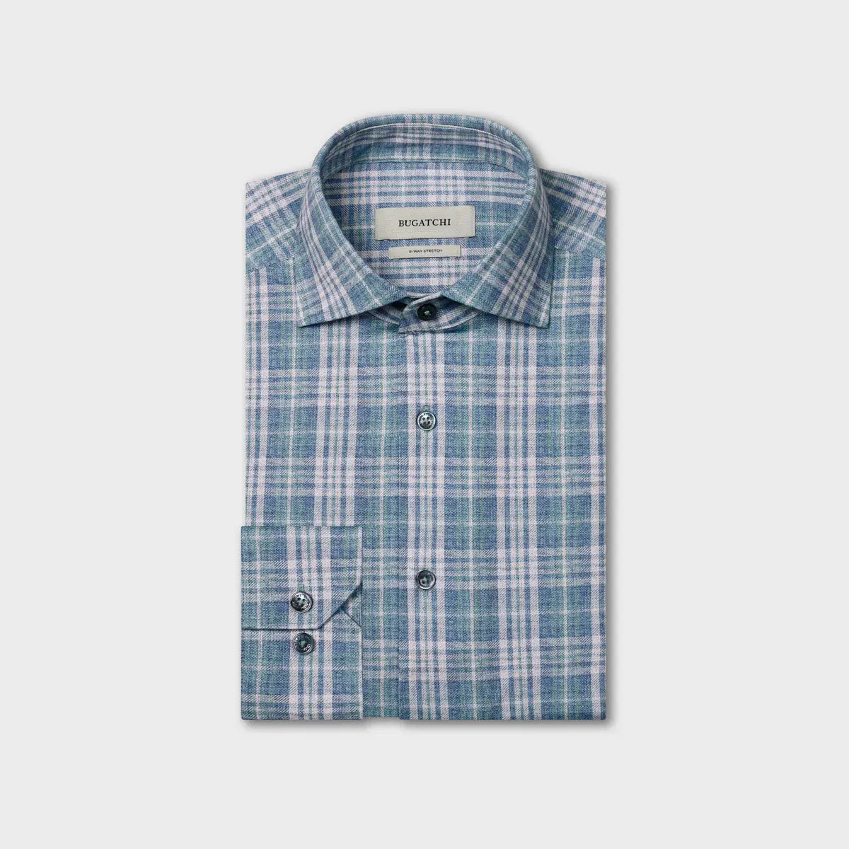 A folded long-sleeve dress shirt by Brisco, featuring a blue and white plaid pattern, a classic collar, and a button-down front, displayed on a light gray background.