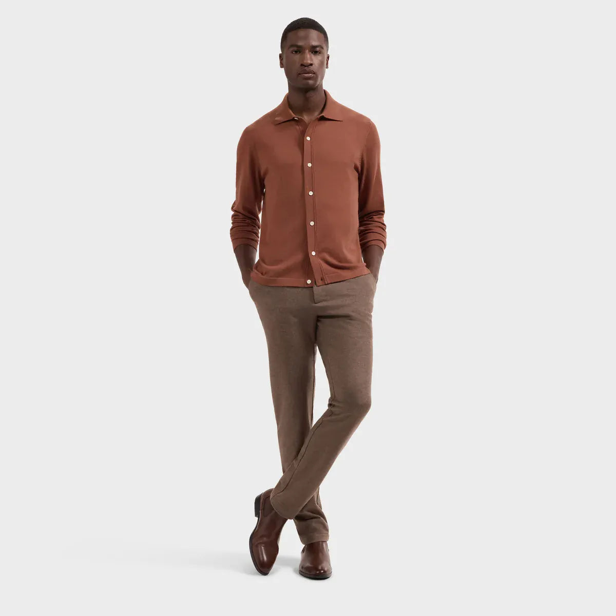 Solid Full Button Long-Sleeve Polo Sweater