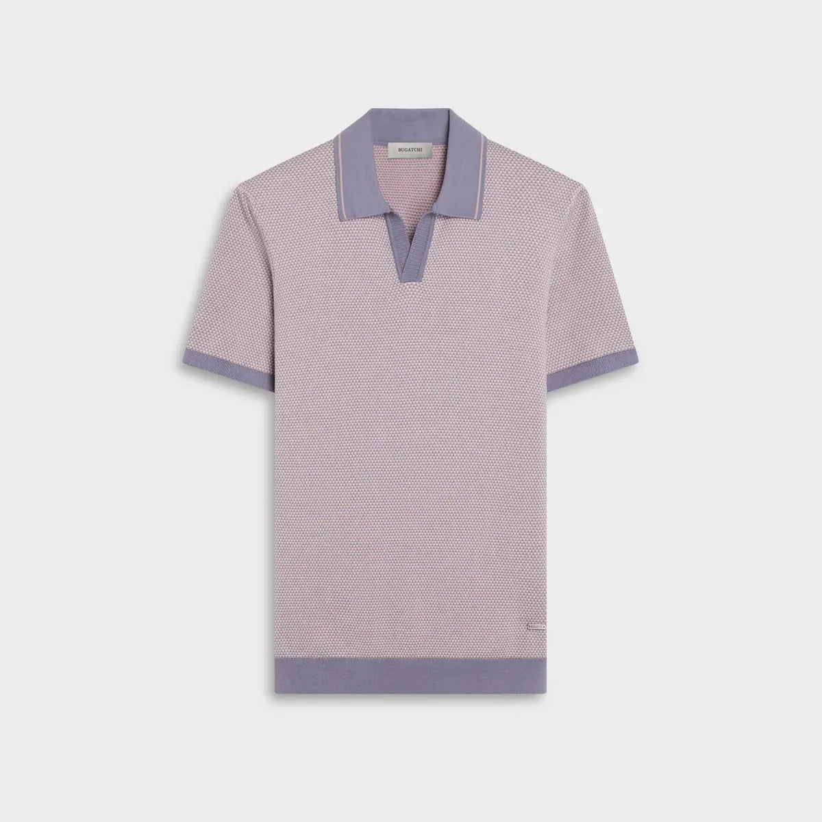 A short-sleeve polo shirt in a light pink and white micro-pattern, featuring a contrasting dusty purple collar, sleeve cuffs, and hem, displayed on a clean light gray background.