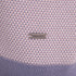 Close-up of a Bugatchi knit sweater featuring a fine pink and lavender-blue houndstooth pattern with a solid lavender ribbed hem and a silver-tone metal brand plaque.