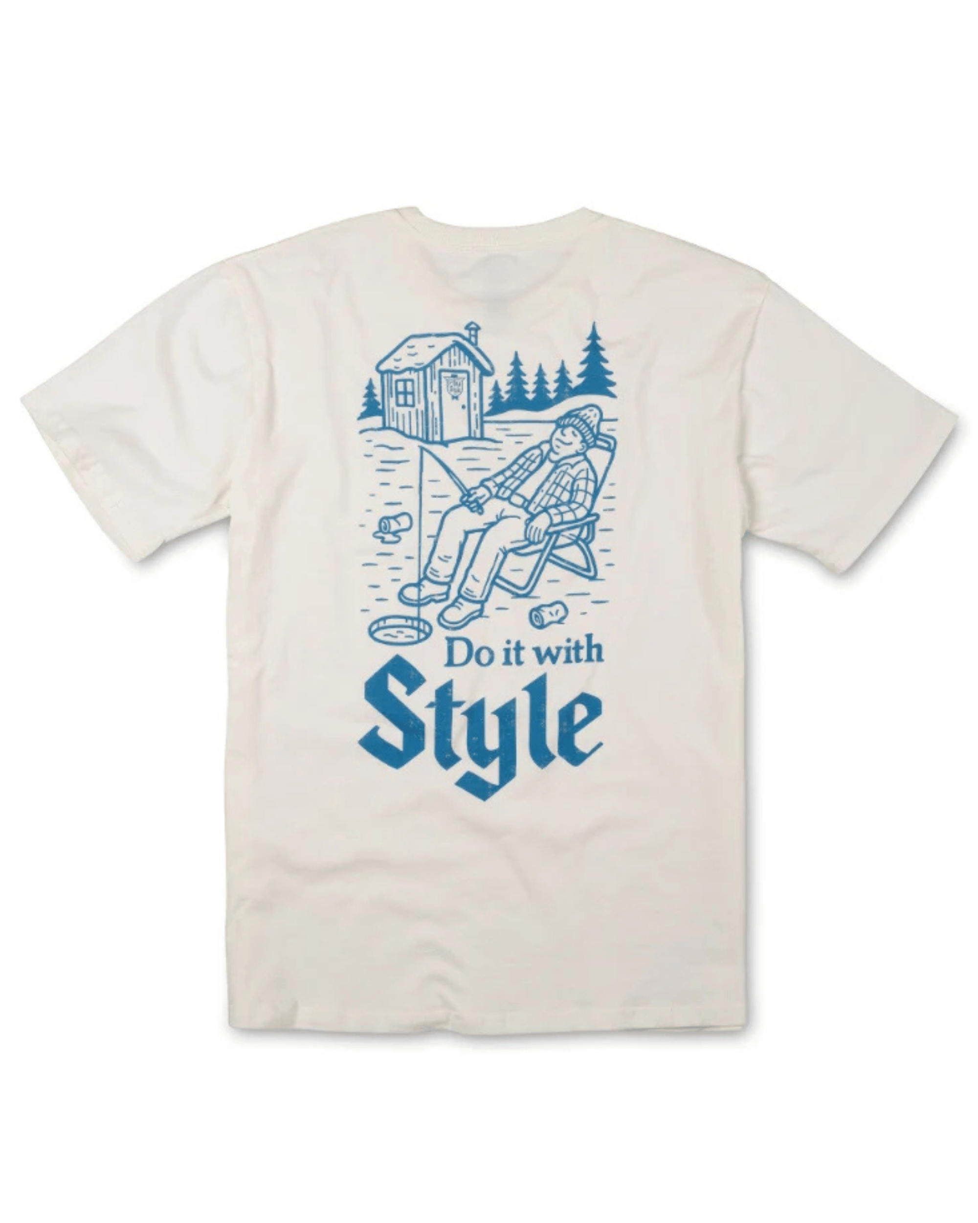 An off-white short-sleeve t-shirt with a blue graphic print on the front. The graphic features an illustration of a man fishing by a lake next to a cabin, with the text 'Do it with Style' written below in a blue serif font.