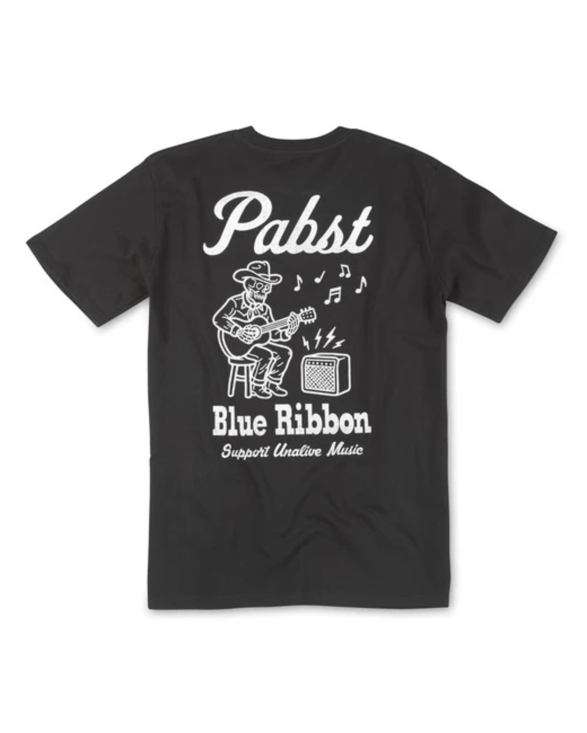 A black short-sleeve t-shirt with a white graphic print on the front. The graphic features the text 'Pabst Blue Ribbon' and 'Support Unlawful Music' with an illustration of a man playing a guitar next to an amplifier.