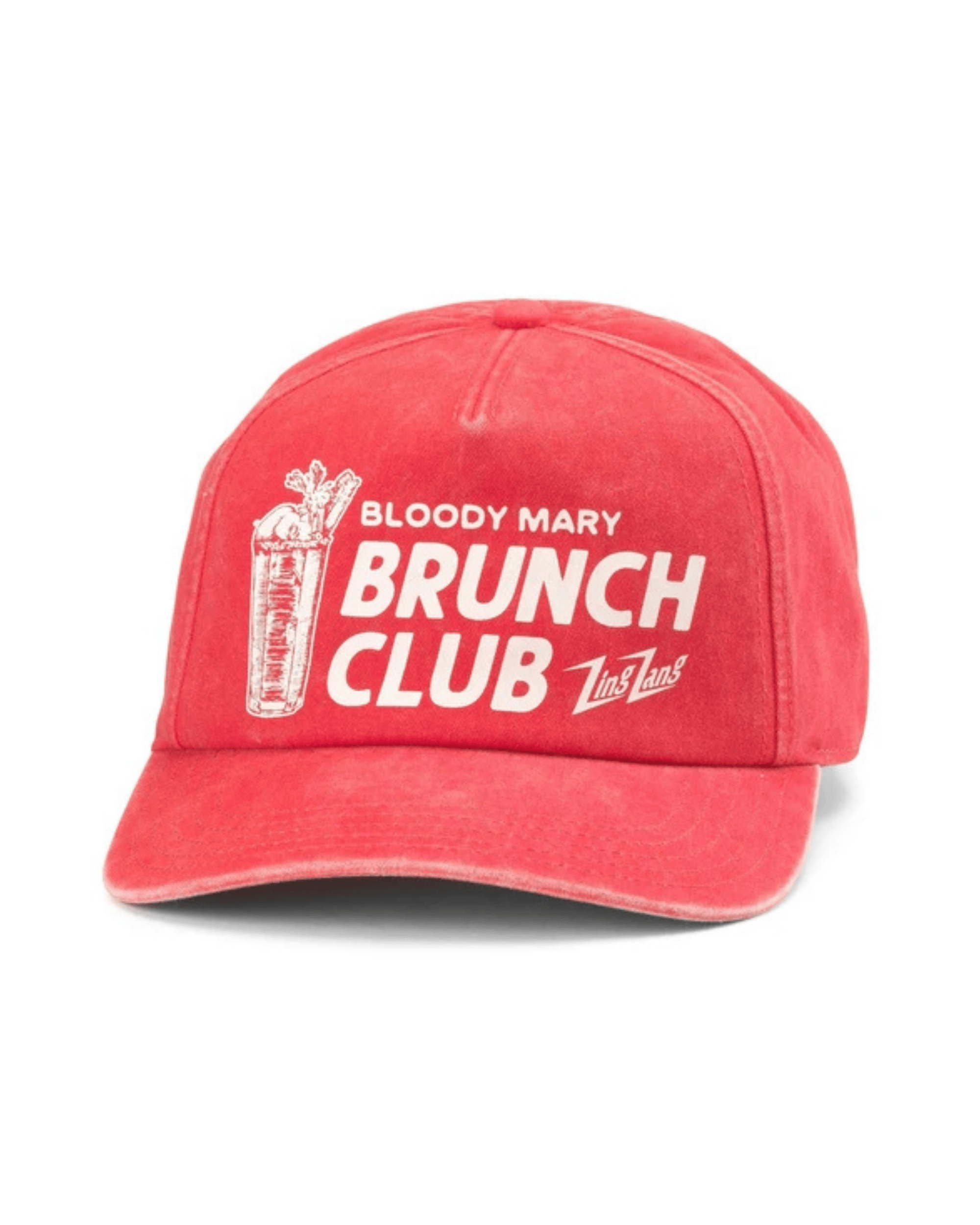 A washed red baseball cap featuring a white graphic print that reads 'BLOODY MARY BRUNCH CLUB' alongside a cocktail illustration and the 'Lululemon' logo.