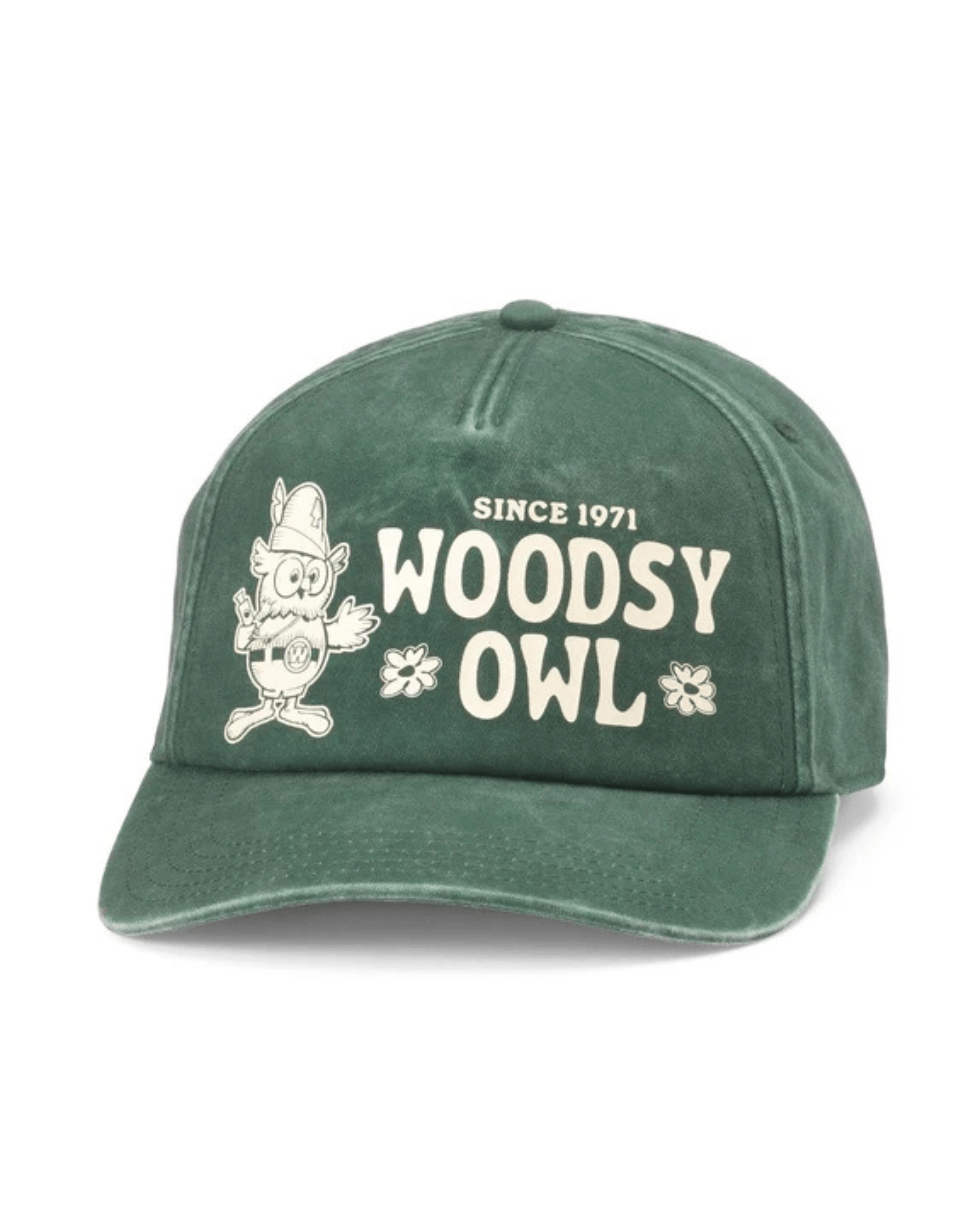 A dark green washed baseball cap featuring a white embroidered cartoon owl and the text 'SINCE 1971 WOODSY OWL' on the front, set against a plain white background.