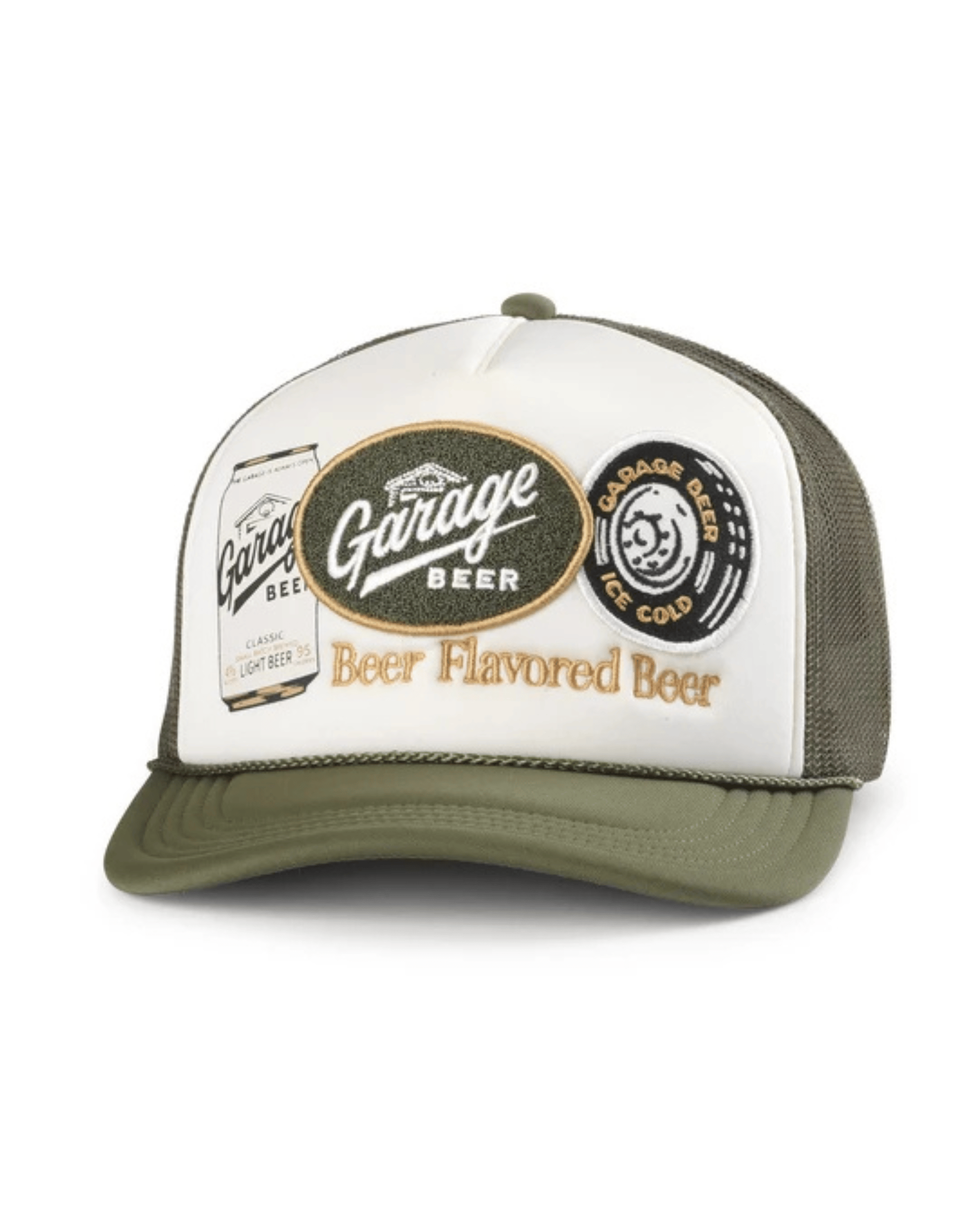 A trucker-style cap with a white front panel, olive green mesh back, and matching olive green brim. The front features embroidered patches for 'Garage Beer' and 'Beer Flavored Beer'.