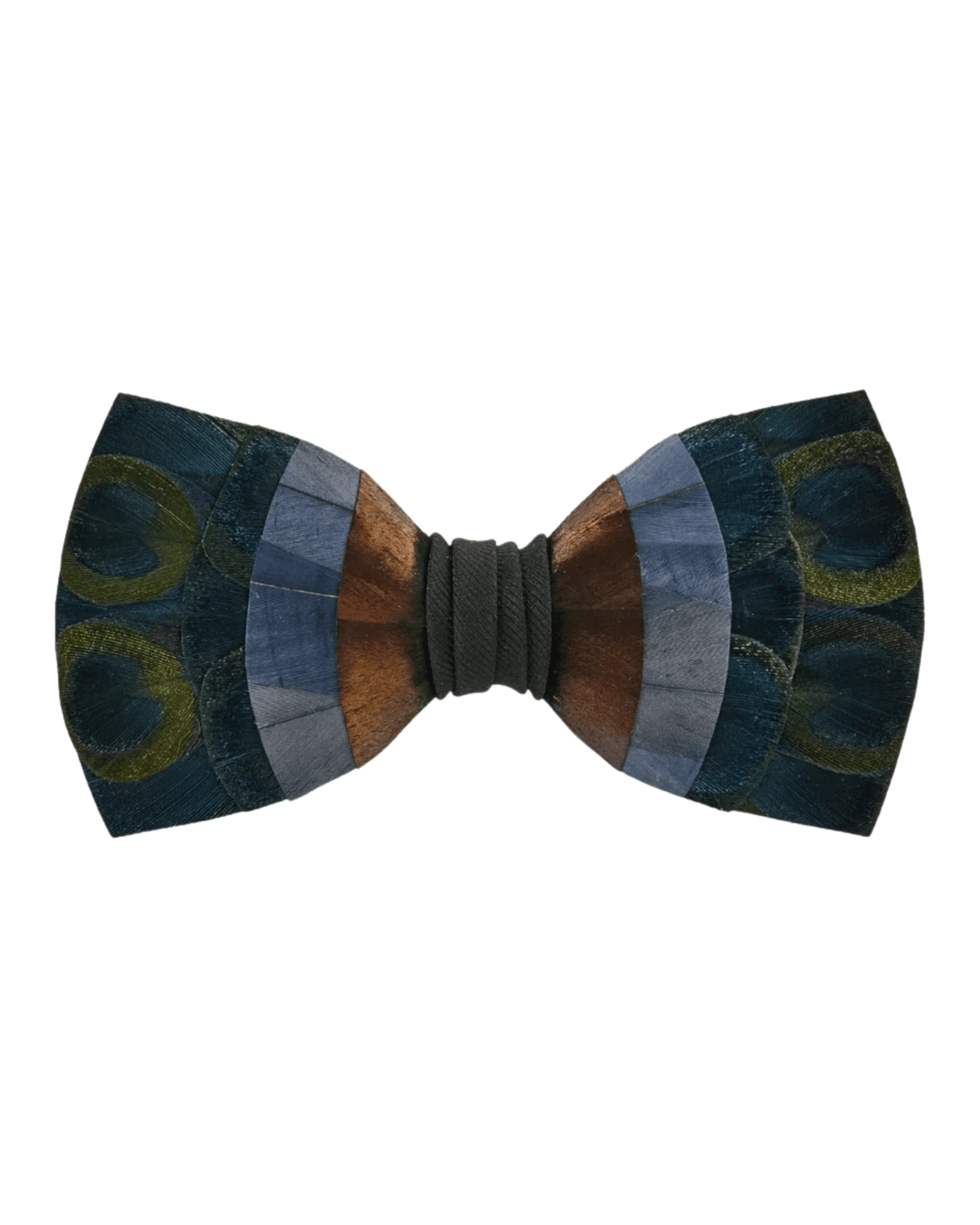 A men's self-tie bow tie featuring a multi-colored patchwork design with peacock-feather-inspired circular motifs in blue, green, and gold, accented by vertical stripes of brown, orange, and gray, finished with a dark gray elastic band.