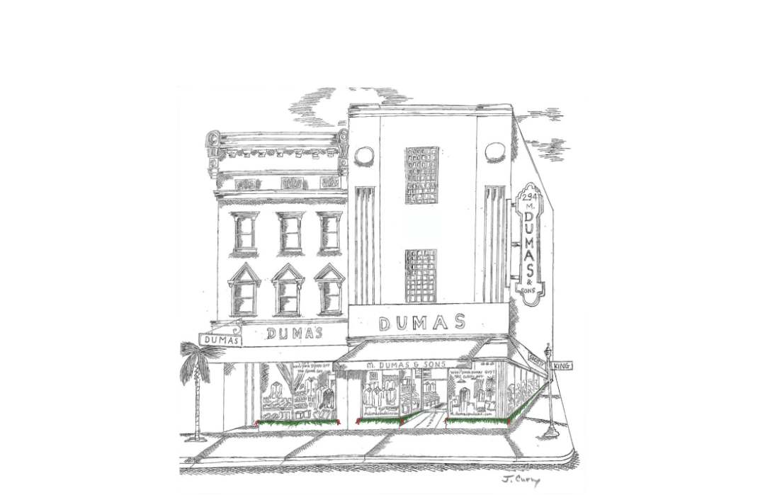 Logo of M. Dumas & Sons with a building illustration and text on a white background