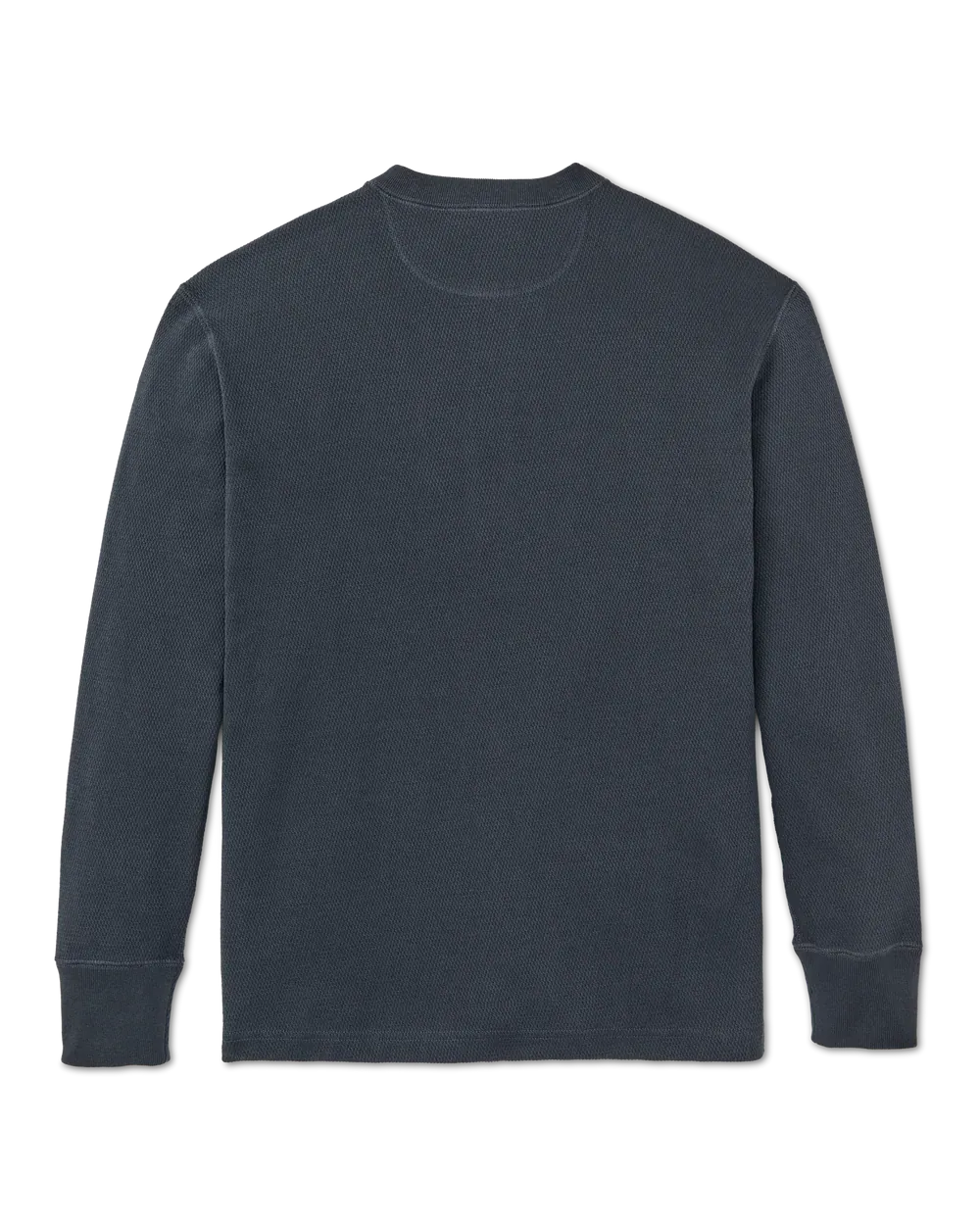 A dark slate blue long-sleeve crewneck shirt shown flat against a solid white background.