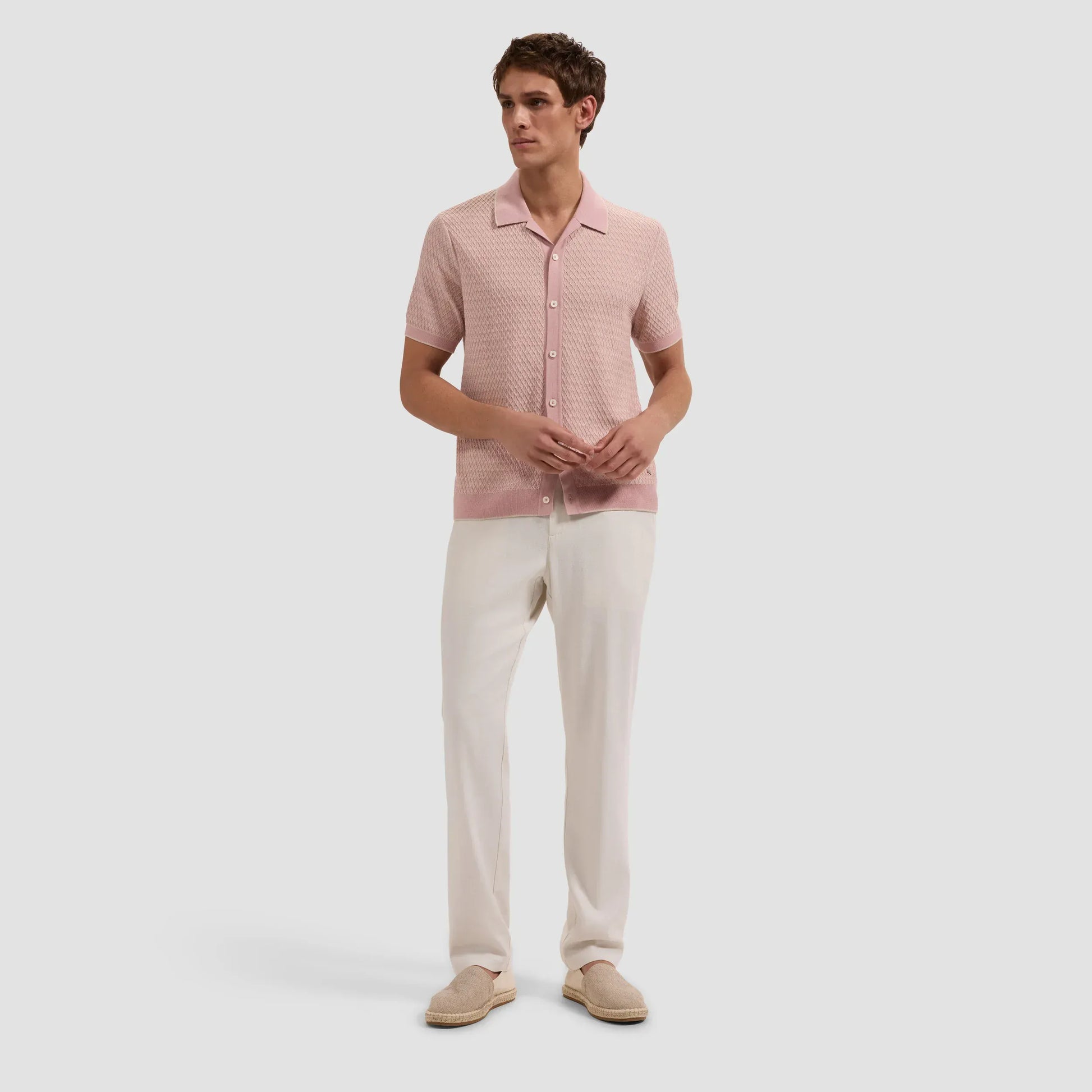 Bugatchi Camp Shirt Honeycomb Short-Sleeve Sweater in Dusty Pink