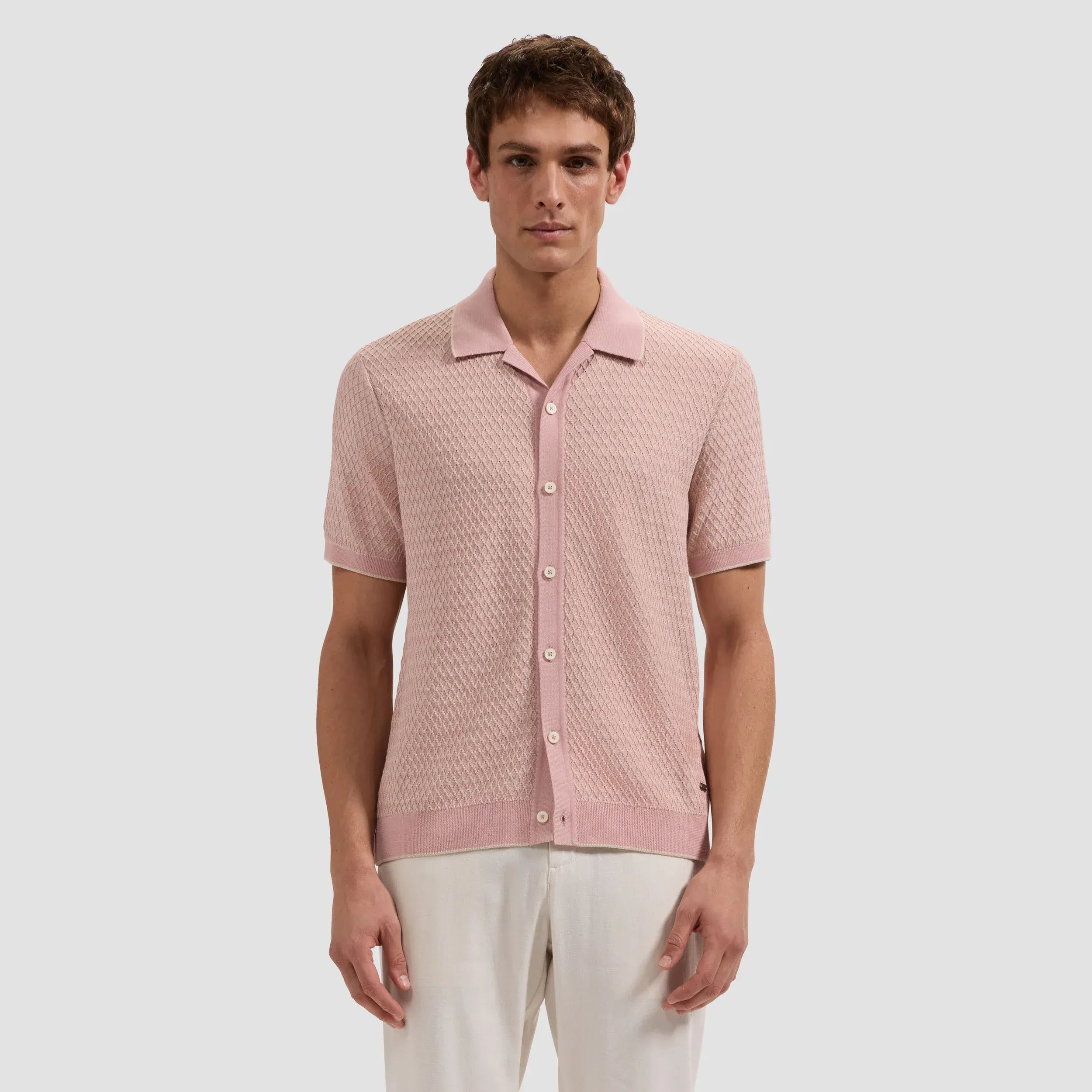 Bugatchi Camp Shirt Honeycomb Short-Sleeve Sweater in Dusty Pink