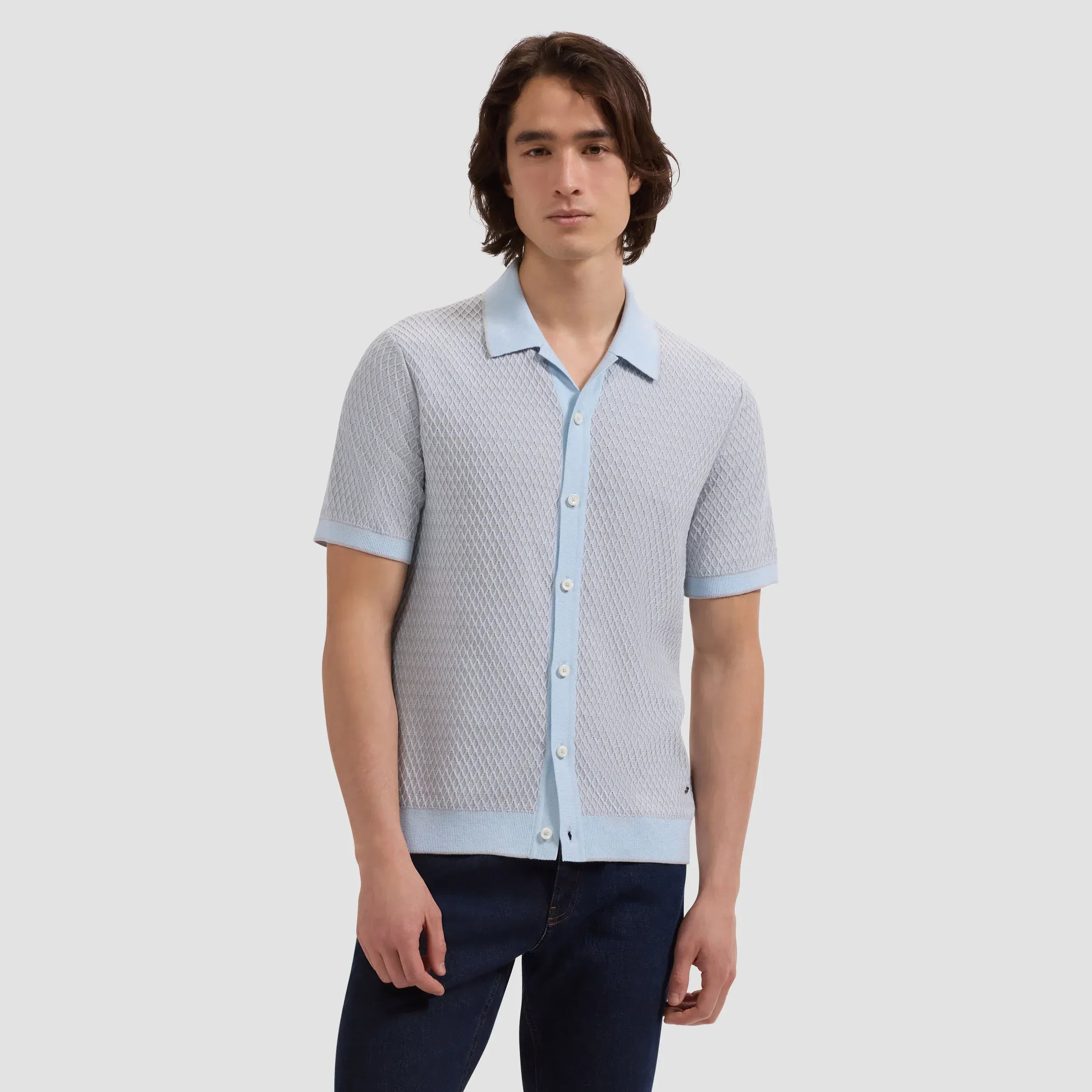 Bugatchi Camp Shirt Honeycomb Short-Sleeve Sweater in Hazy Blue