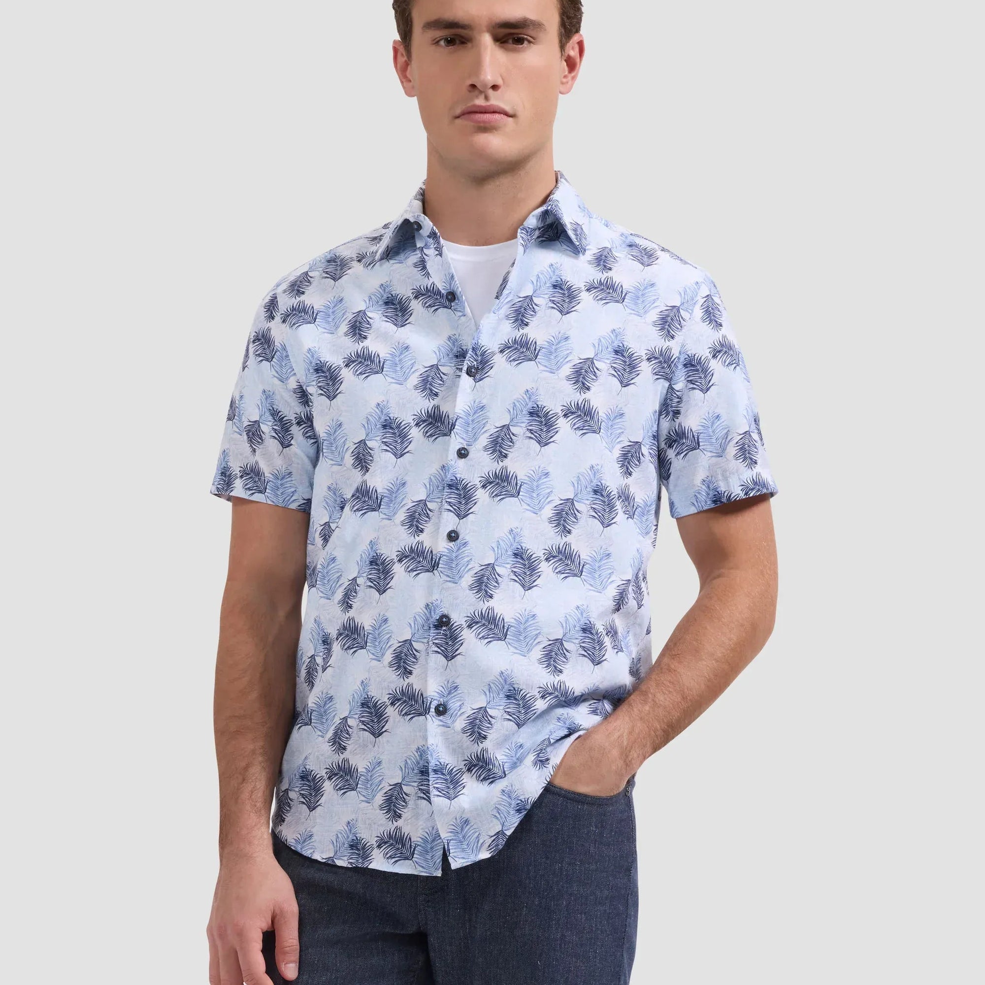 Bugatchi Camp Shirt Orson Leaf Print Shirt in Hazy Blue