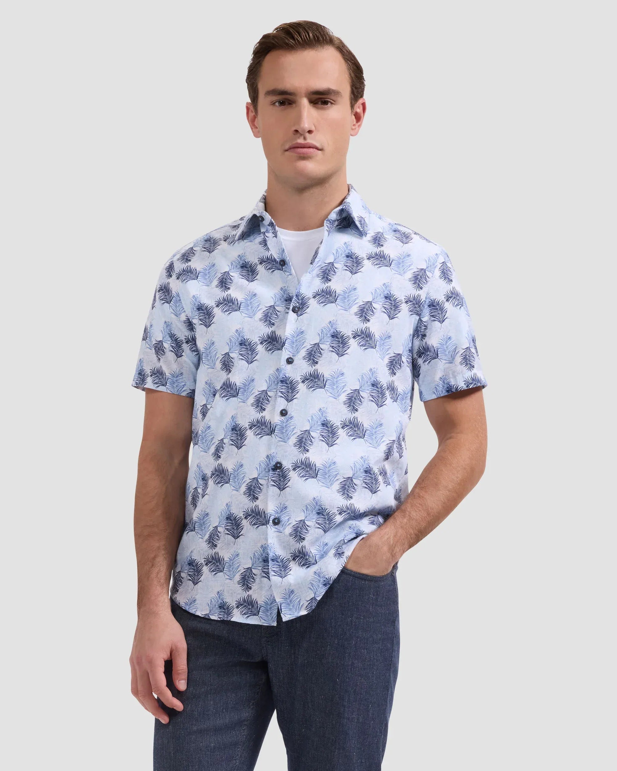 Bugatchi Camp Shirt Orson Leaf Print Shirt in Hazy Blue