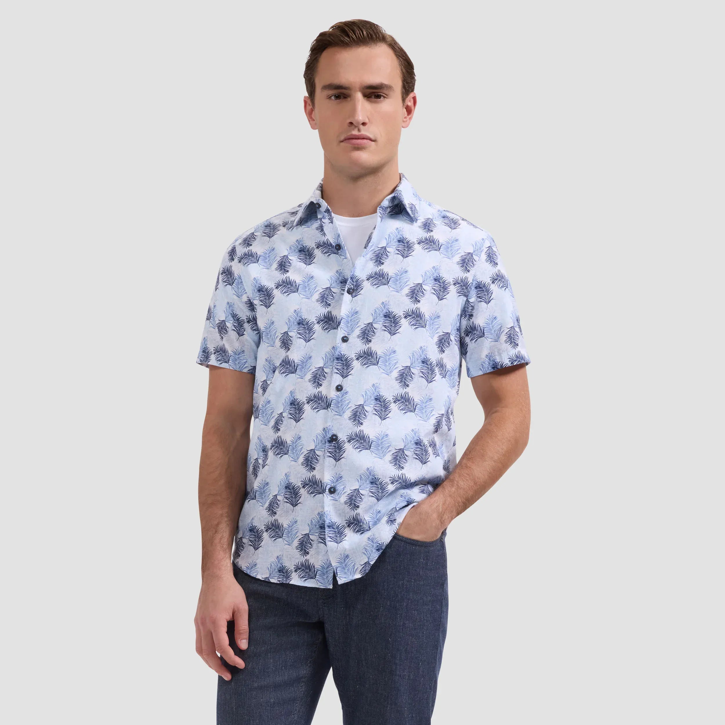 Bugatchi Camp Shirt Orson Leaf Print Shirt in Hazy Blue