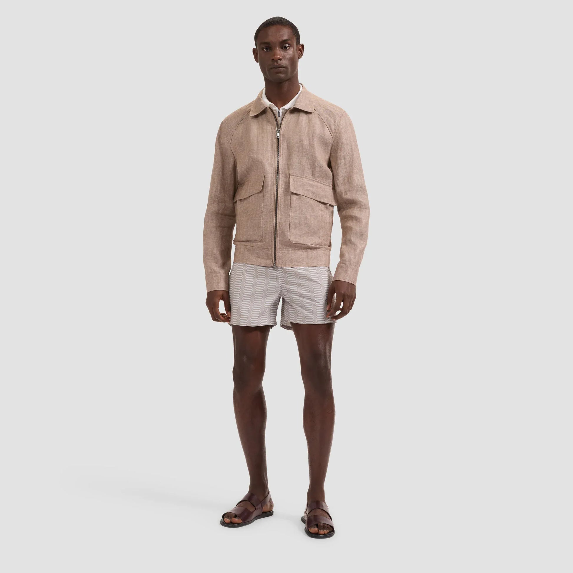 Bugatchi Jackets Herringbone Linen Bomber Jacket in Tobacco
