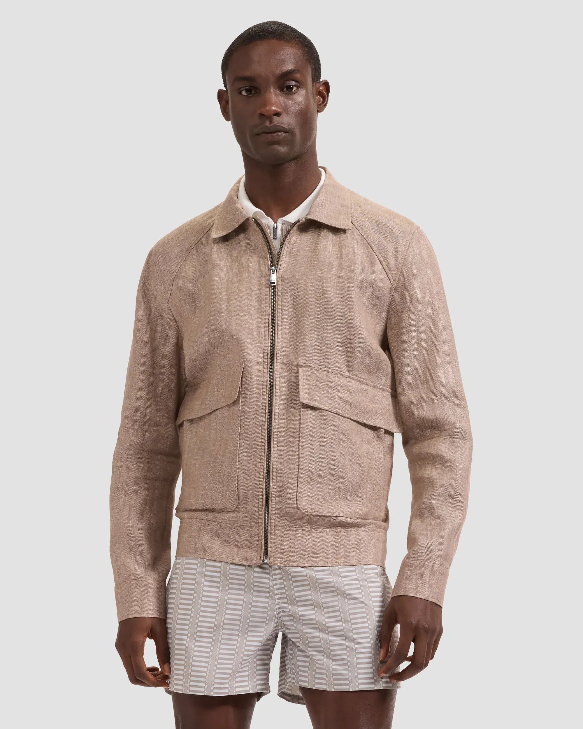 Bugatchi Jackets Herringbone Linen Bomber Jacket in Tobacco