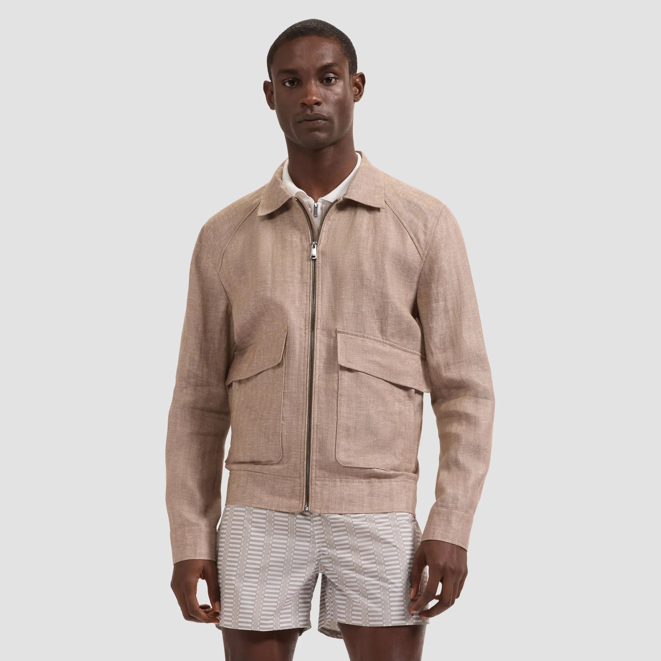 Bugatchi Jackets Herringbone Linen Bomber Jacket in Tobacco