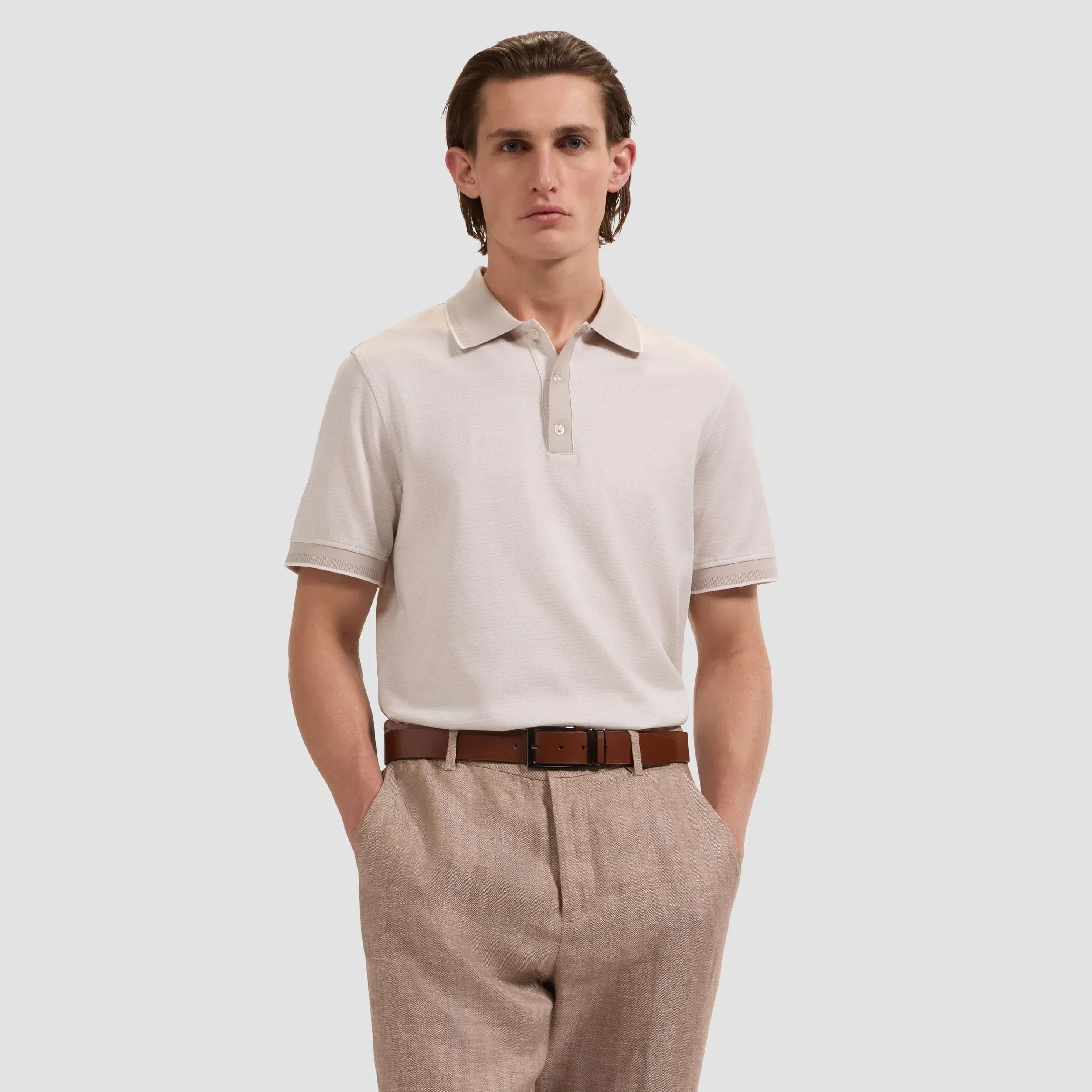 Bugatchi Polos Herringbone Three-Button Polo in Limestone