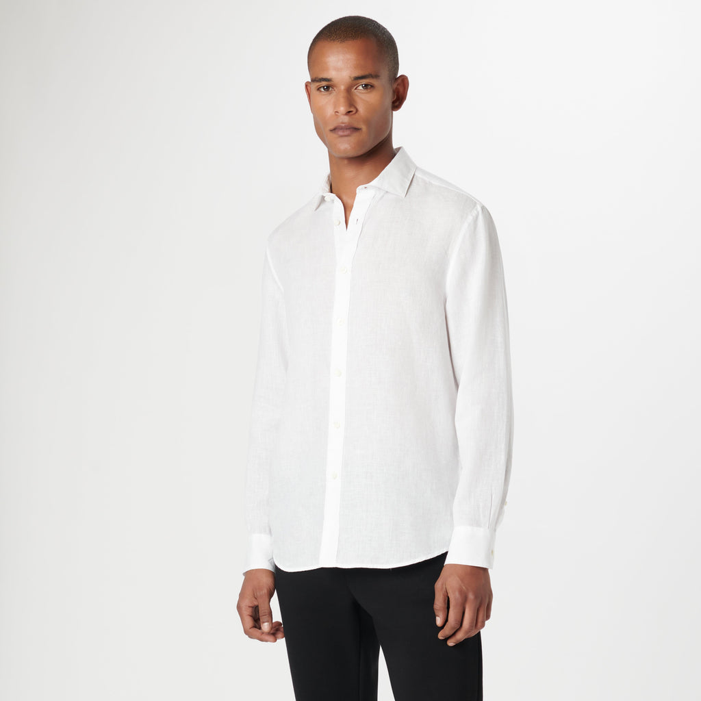Bugatchi Sport Shirts Axel Solid Linen Shirt- White