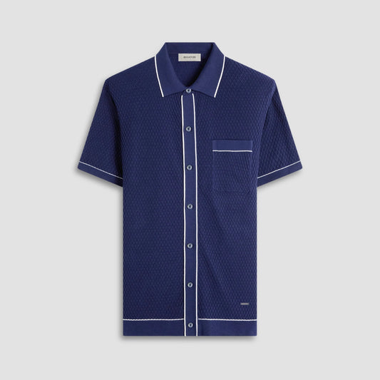 Bugatchi Sport Shirts Textured Geometric Short-Sleeve Knit Shirt - Navy
