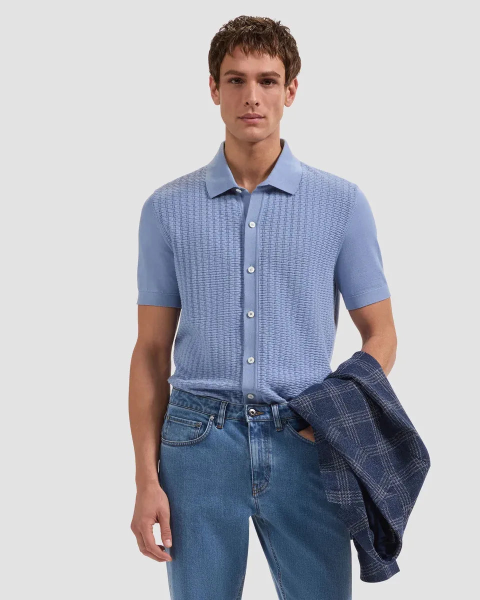 Bugatchi Sweaters Basketweave Button-Front Short-Sleeve Sweater