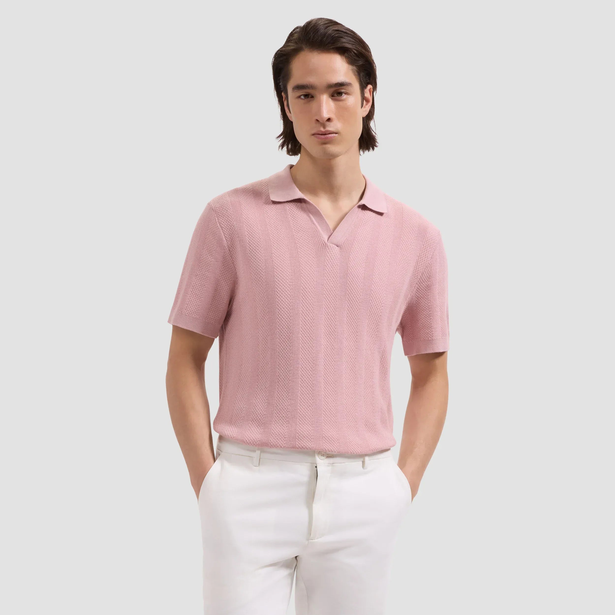 Bugatchi Sweaters Johnny Collar Short-Sleeve Sweater in Dusty Pink