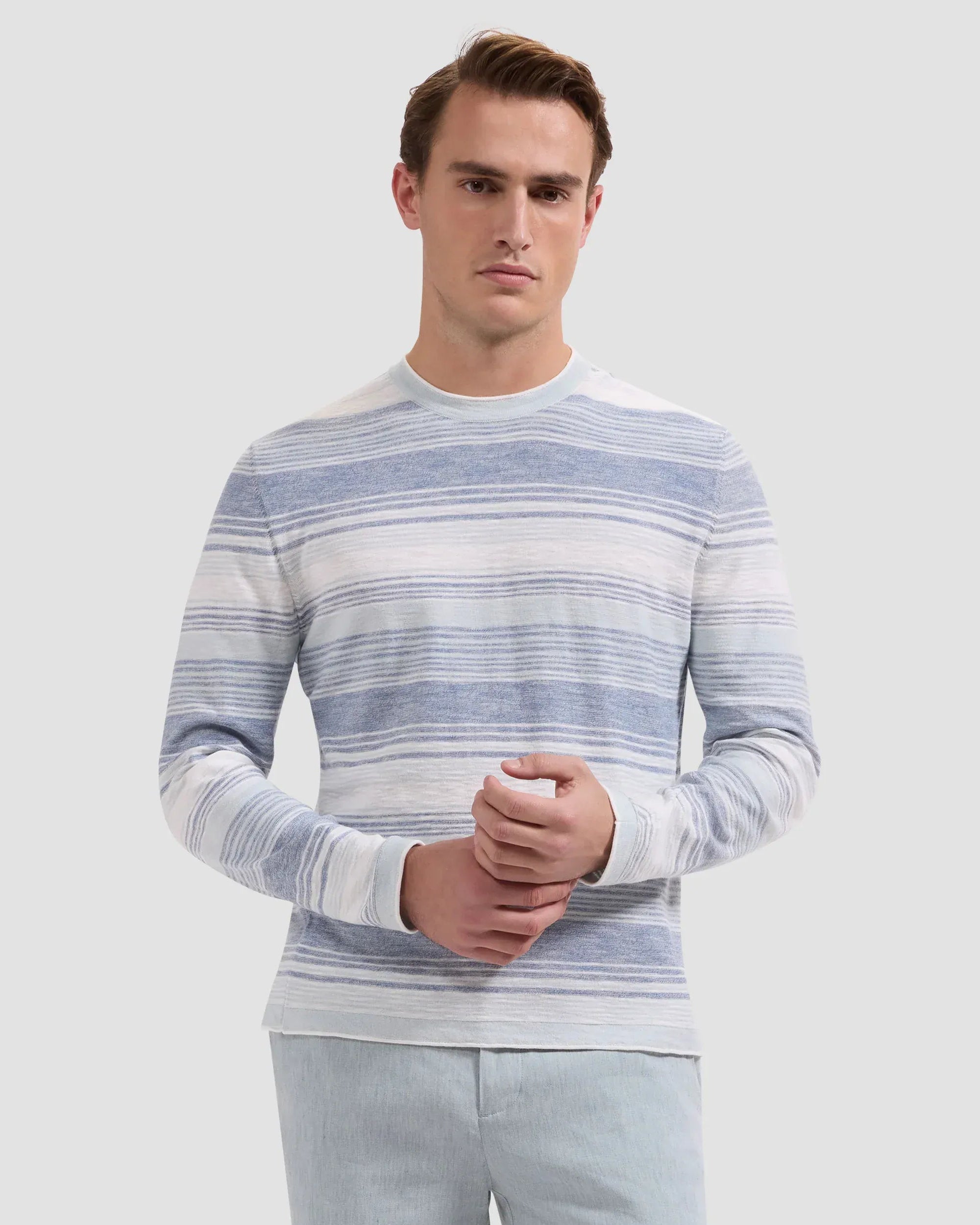 Bugatchi Sweaters Stripe Crewneck Sweater in Cobalt