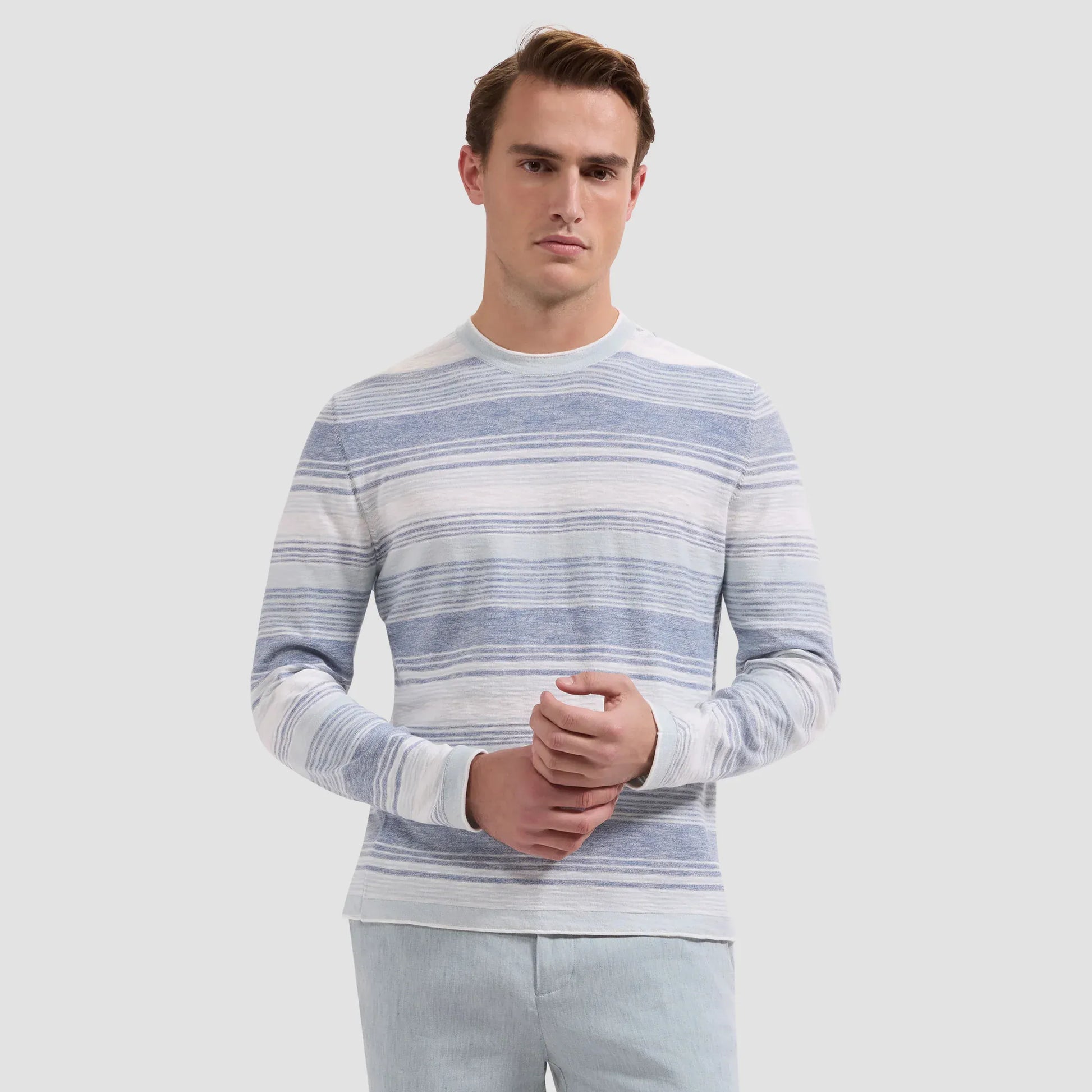 Bugatchi Sweaters Stripe Crewneck Sweater in Cobalt